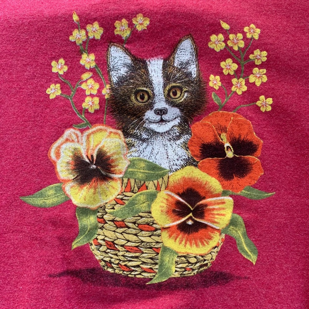 Vintage Jerzees NuBlend Kitten Floral Basket Graphic Crewneck Sweatshirt Novelty - Picture 2 of 8